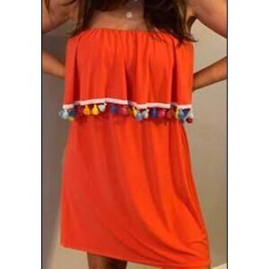 Judith March Orange Strapless Dress Colorful Pom Poms Lg